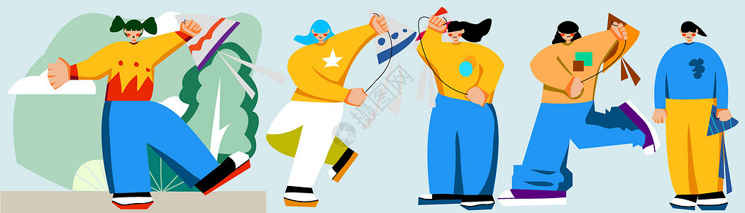 黄蓝色扁平风人物重阳节登高放风筝SVG插画图片