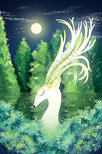 森林中的白色神鹿插画海报图片