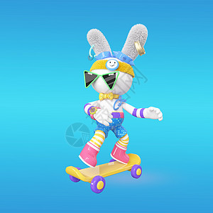 玩酷c4d潮流兔子立体模型之玩滑板1插画