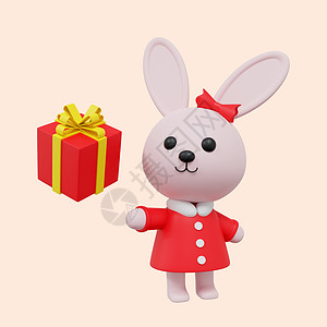 礼物盒png新年兔子红色礼物盒3D元素插画