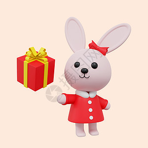 新年兔子红色礼物盒3D元素图片
