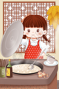 在厨房煮饺子的女孩背景图片
