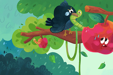 61儿童节鸟儿为苹果除虫插画
