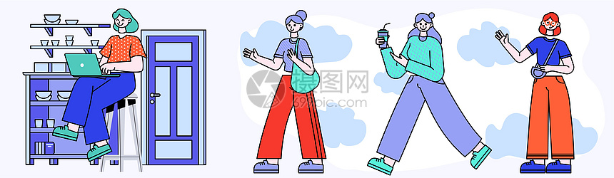 蓝绿色卡通生活类女孩拆分SVG插画图片