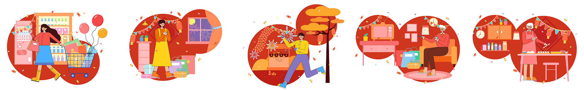 AI扁平风购物小场景新年节日插画高清图片