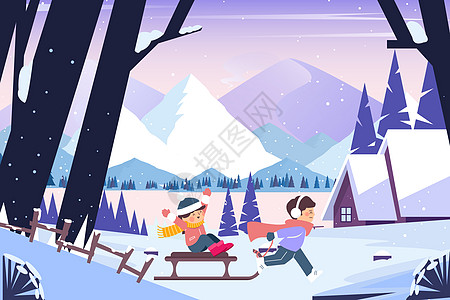 下雪小孩子玩雪橇插画