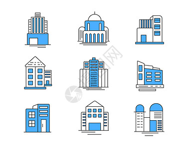 建筑物免抠蓝色ICON图标建筑物房屋SVG图标元素套图插画