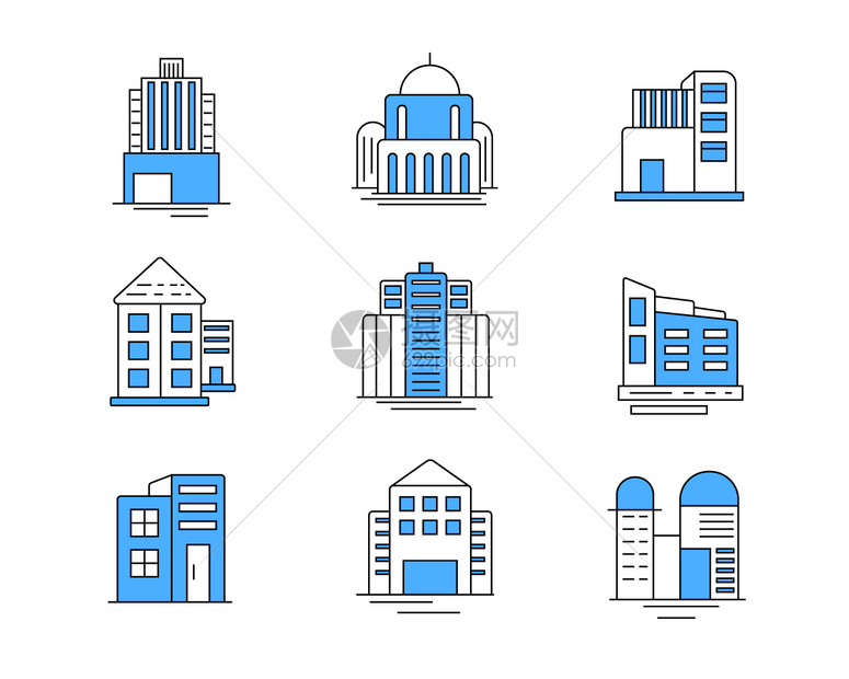 蓝色ICON图标建筑物房屋SVG图标元素套图图片