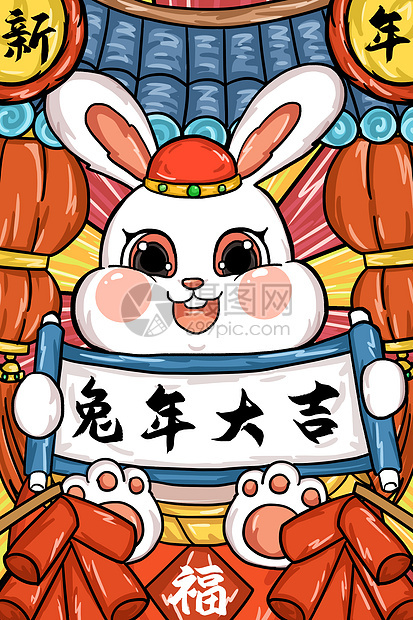 国潮兔年大吉新春祝福插画图片