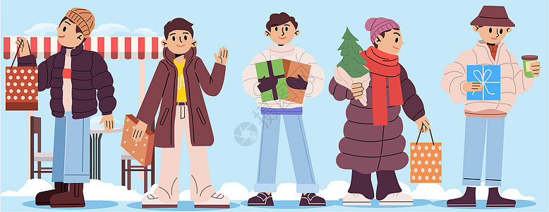 svg人物插画冬季路人购物节购物人物矢量组合背景图片