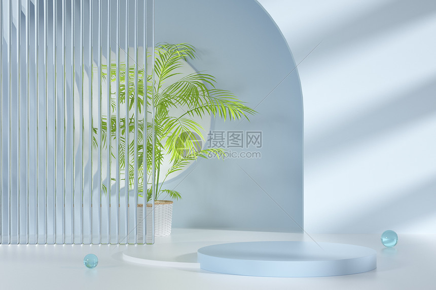 C4D蓝色淡雅清新植物展台图片