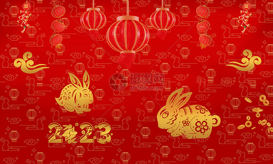 红色剪纸风2023兔年文字背景图片