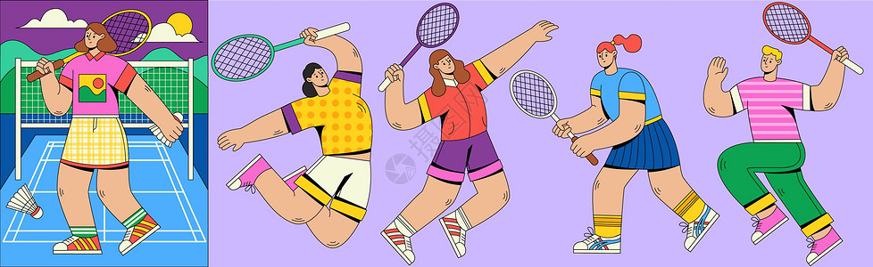SVG插画组件之羽毛球运动扁平人物动态背景图片