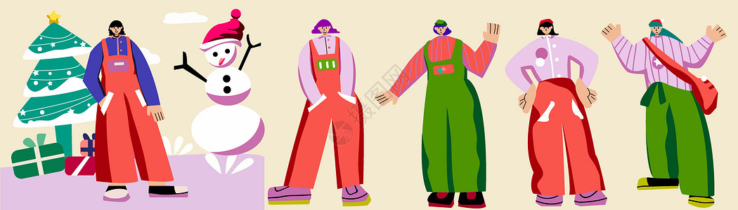 叉腰图片红粉色扁平风人物场景节日人物圣诞节SVG插画插画