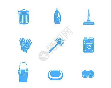 蓝色清洁卫生图标海绵服肥皂一次性手套马桶刷子清洁剂垃圾桶svg图标元素套图图片