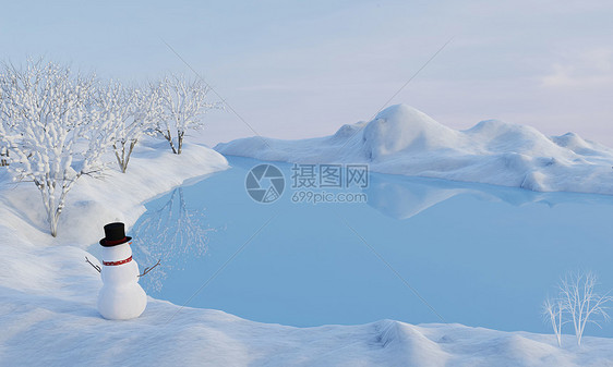 3D渲染冬季雪人湖面场景图片