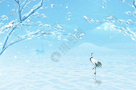 极简风霜降节气地产海报创意蓝色唯美冰霜树枝设计图片