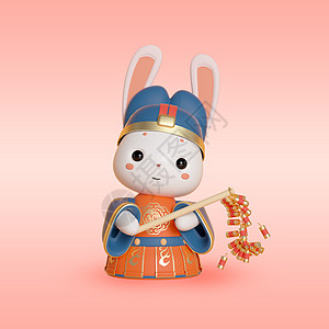 c4d兔年春节拟人兔子形象模型之放鞭炮的古风兔子图片