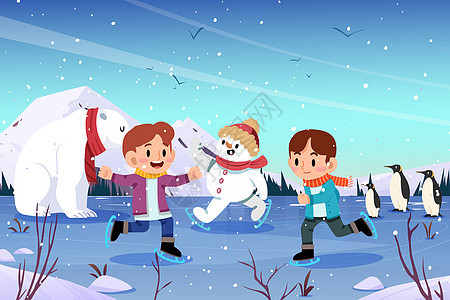二十四节气大雪节气孩子与雪人动物冰面溜冰插画图片