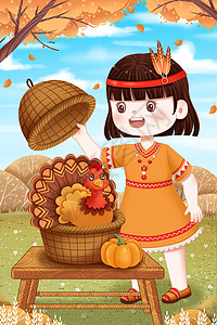 感恩节女孩与火鸡背景图片