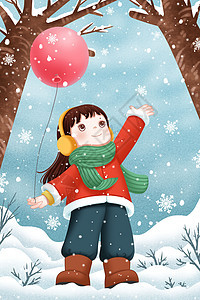冬天雪中拿着气球的小女孩图片
