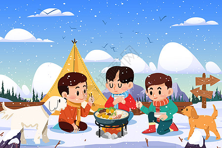 二十四节气大雪节气雪天户外和狗狗野炊火锅插画图片