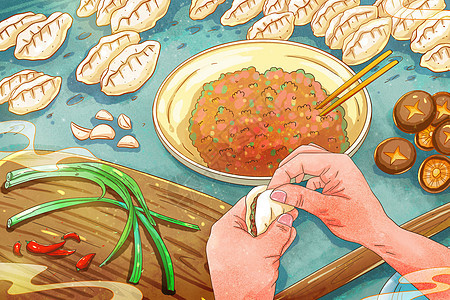 手绘水彩冬天包水饺插画图片