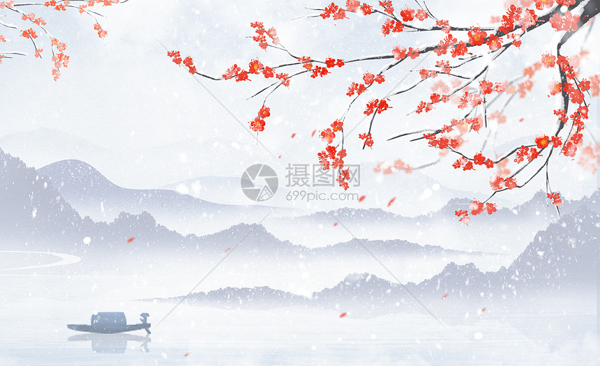 冬天古风水墨梅花腊梅雪景背景插画图片