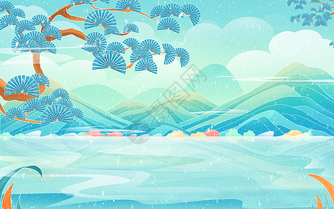 大雪国潮冬天诗意山脉山水插画背景插画