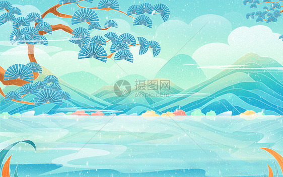 国潮冬天诗意山脉山水插画背景图片