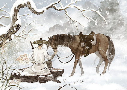 大雪古风插画雪地牵着马的侠客图片