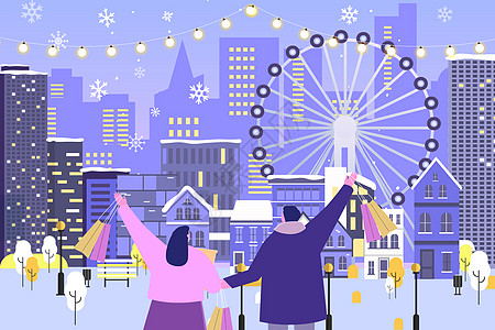 冬季情侣城市商业街购物背景图片