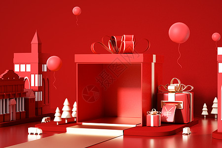 年终盛典创意红色礼盒促销场景设计图片