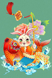 新年兔子锦鲤中国结福娃牡丹海浪云纹国潮手绘插画图片