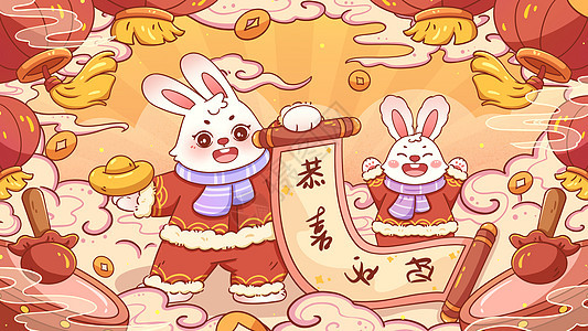 红色喜庆2023癸卯兔卡通新年插画图片