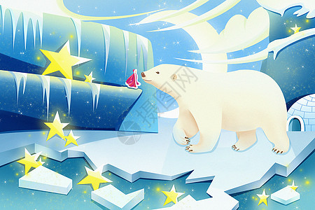 冰川上的北极熊与女孩冬季节气梦幻海报插画图片