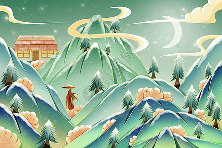 冬季青山间的风雪夜归人节气氛围插画海报背景图片