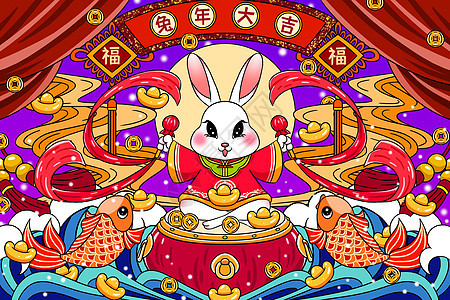 2023年兔年新年坐在红色大鼓上击鼓的穿着唐装可爱的卡通小白兔图片