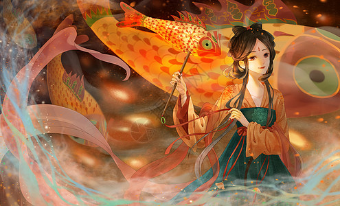 兔年2023春节新年插画拿着鱼灯的古代女子背景图片