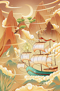 黄色系雪天夜晚山川中的行船插画海报图片