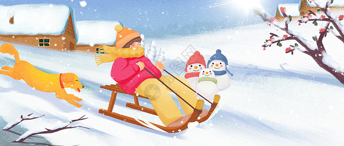 冬至下雪天滑雪雪橇运动卡通人物和狗插画背景图片