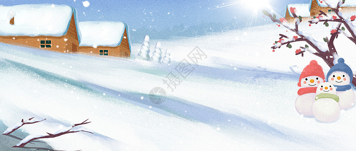 冬至雪地户外房子雪人肌理插画图片