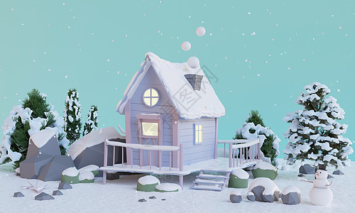 3D冬季森林木屋场景图片