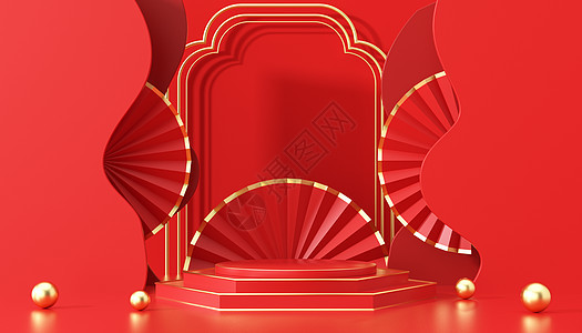 C4D红色中式展台背景图片