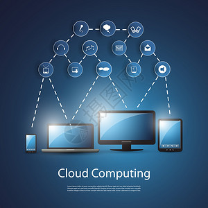 一切都连接到云蓝色云计算概念设计与各种移动和台式计算机和连接气泡图标代表不同种类的数字据可自由缩放和可编辑矢背景图片