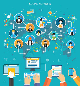 广告气球社交媒体网络连接概念社交网络中的人平面设计中社交网络的概念上有许多不插画