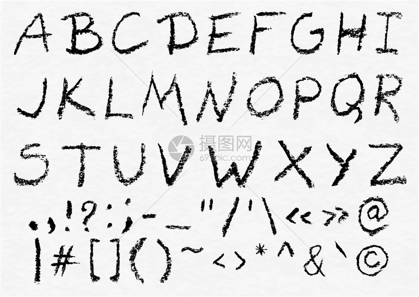 手写矢量木炭大写英文字母和水彩纸上最重要的标点符号真图片