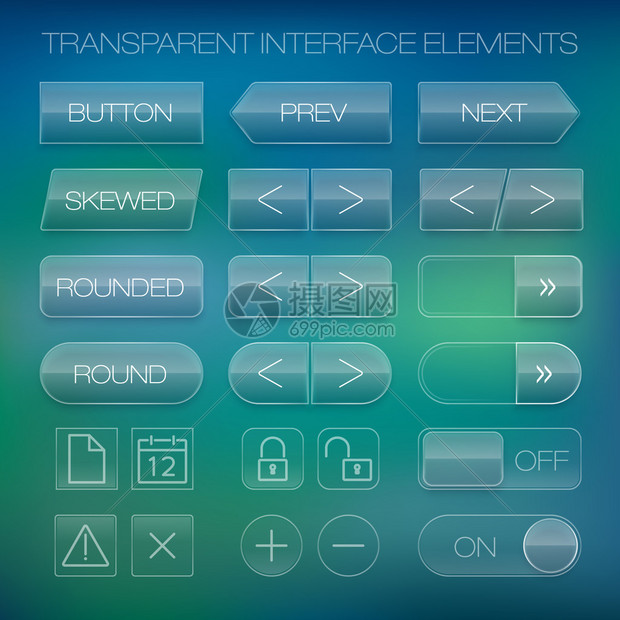 现代用户界面屏幕按钮模板为智能手机或web站点透明模糊材料设计Ui图标图片