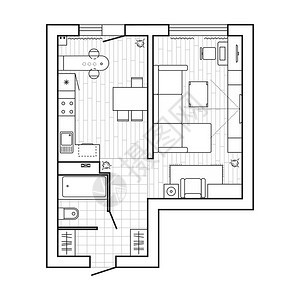 建筑家具平面图场所的设计元素顶部视图中的家用设备桌子沙发鲜花的细线图标准尺寸背景图片