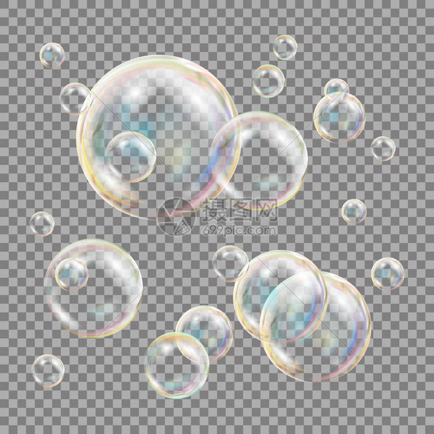 3d的肥皂泡泡透明矢量球的球水和泡沫设计孤立的插图图片